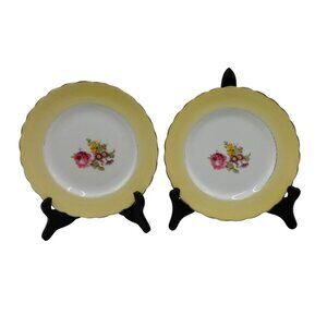 New Chelsea Staffs England Yellow Rim Floral Plates 1930s Vintage